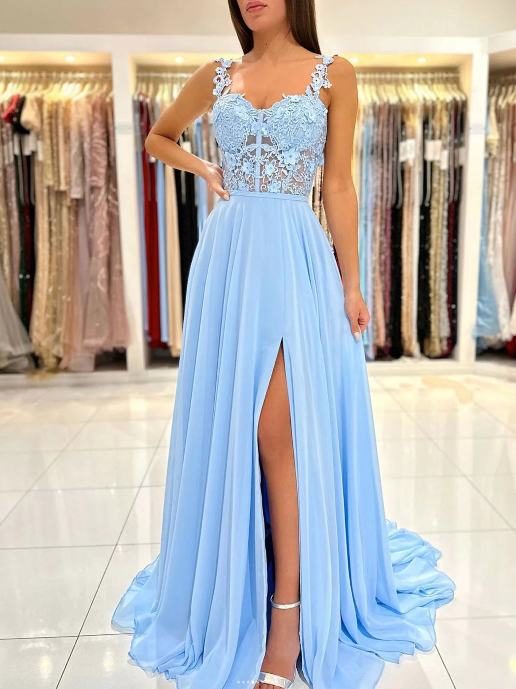 A-Line Chiffon Lace Long Prom Dress